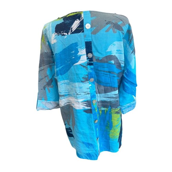 Ali Miles Womens Abstract Print Linen Top Button Back Sleeve Sustainable Artsy S - Picture 5 of 11